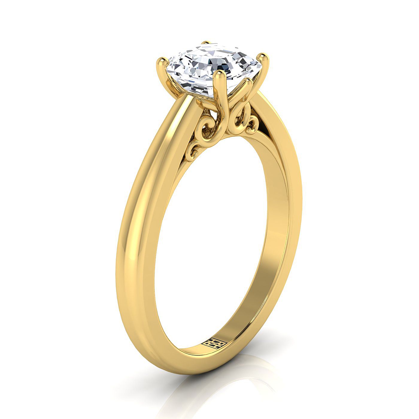 แหวนหมั้นทอง 18K Asscher Cut Scroll Gallery Comfort Fit Solitaire