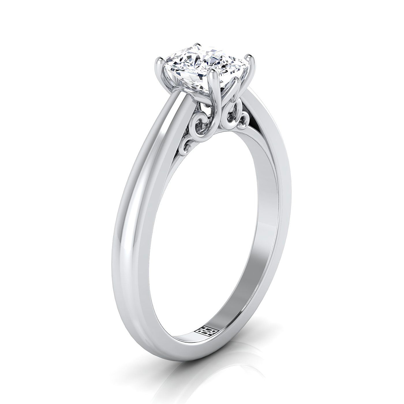 แหวนหมั้นเพชร 18K White Gold Cushion Scroll Gallery Comfort Fit Solitaire