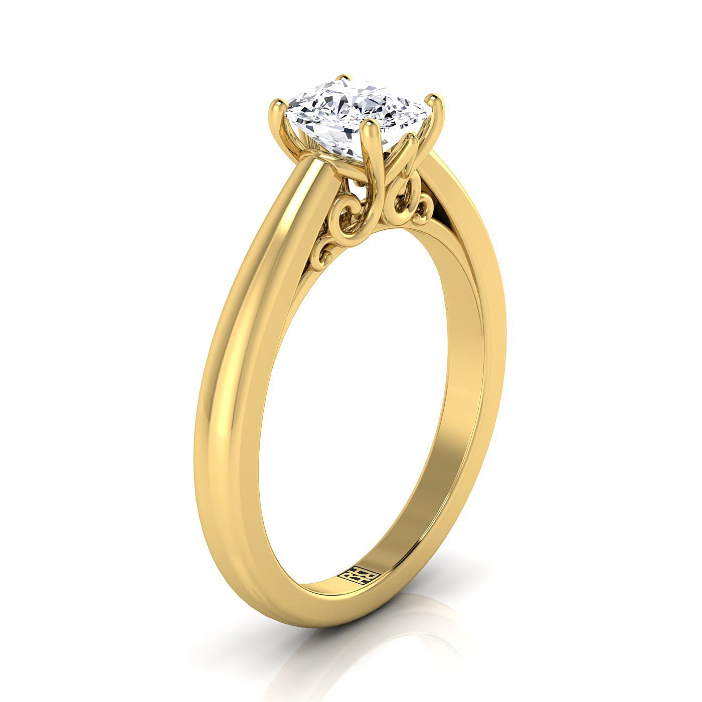 แหวนหมั้น Cushion Scroll เยลโลว์โกลด์ 14K รุ่น Comfort Fit Solitaire