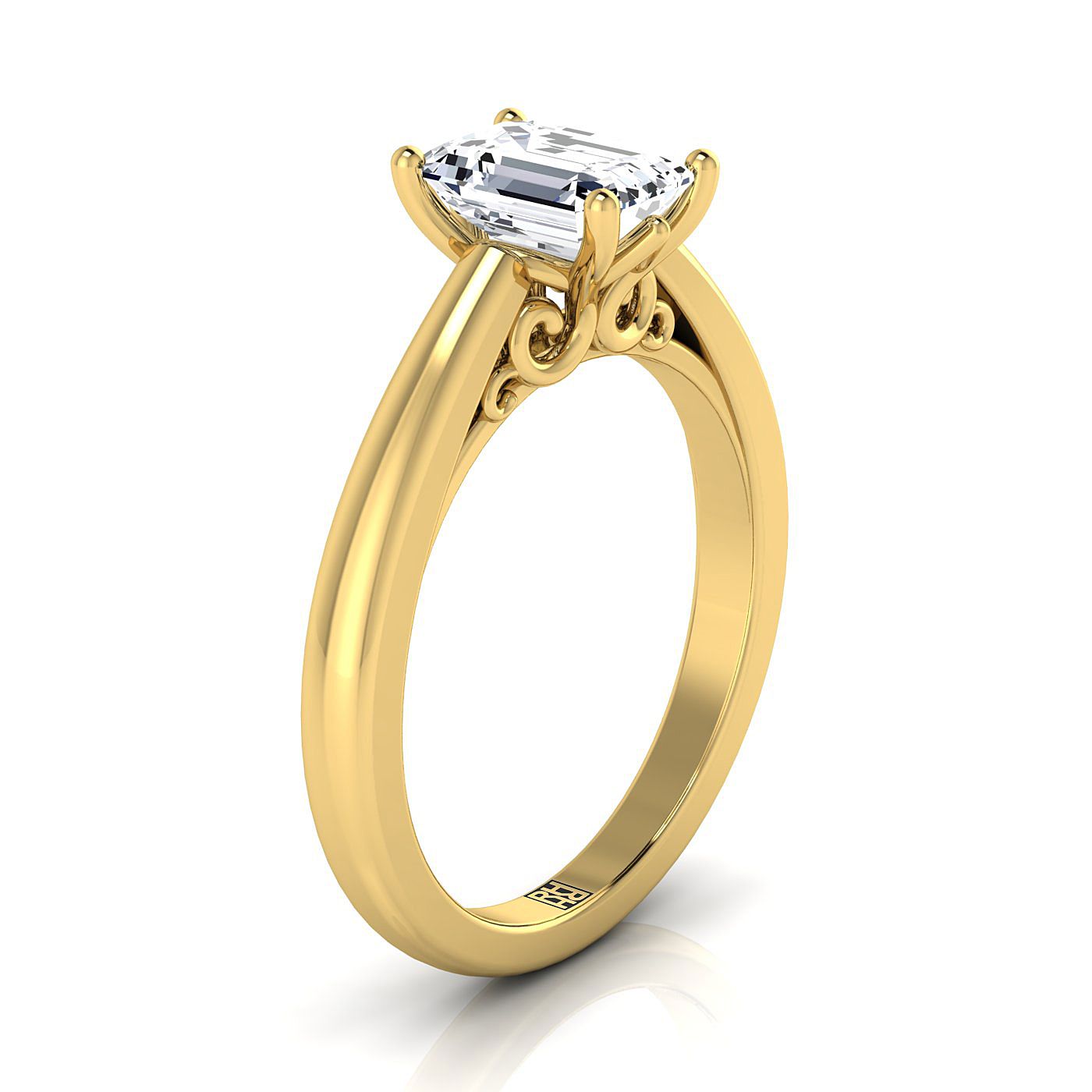 18K Yellow Gold Emerald Cut Scroll Gallery แหวนหมั้นเล่นไพ่คนเดียว Comfort Fit