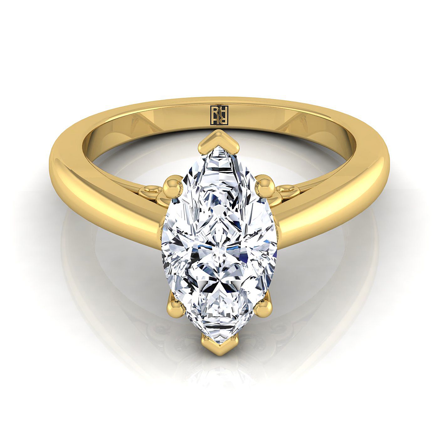 แหวนหมั้น Marquise Scroll เยลโลว์โกลด์ 14K ดีไซน์ Comfort Fit Solitaire