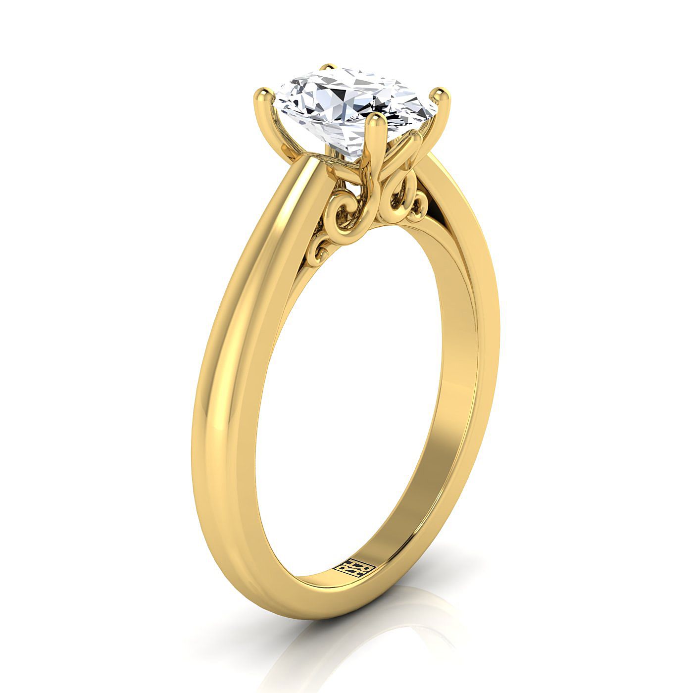 แหวนหมั้นทรงวงรีรูปไข่เยลโลว์โกลด์ 14K แกลลอรี่ Comfort Fit Solitaire