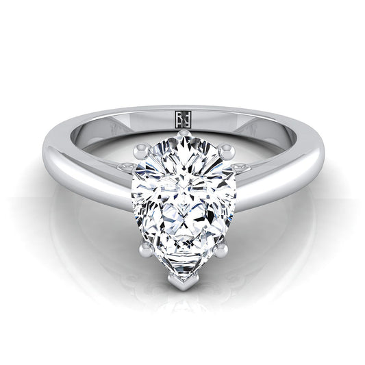 18K White Gold Pear Shape Center Scroll Gallery Comfort Fit Solitaire Engagement Ring