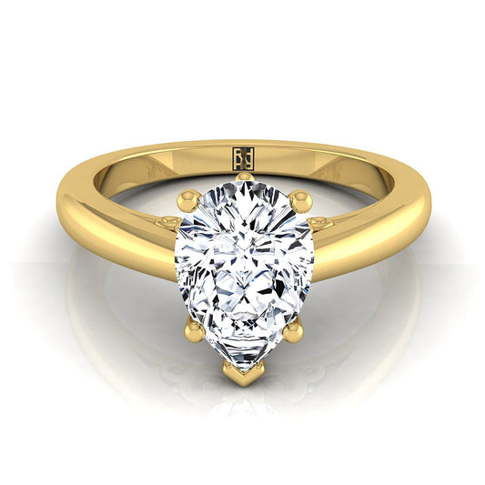 18K Yellow Gold Pear Shape Center Scroll Gallery Comfort Fit Solitaire แหวนหมั้น