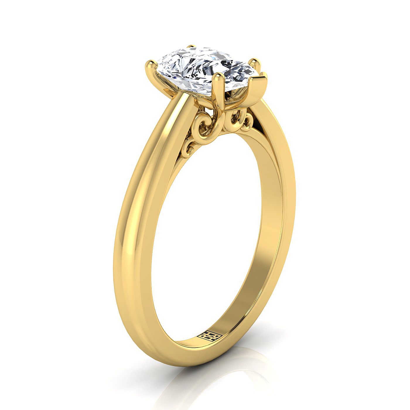 18K Yellow Gold Pear Shape Center Scroll Gallery Comfort Fit Solitaire แหวนหมั้น