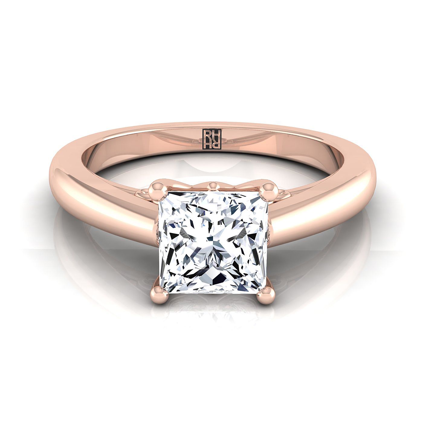 14K Rose Gold Princess Cut Scroll Gallery แหวนหมั้นเล่นไพ่คนเดียว Comfort Fit