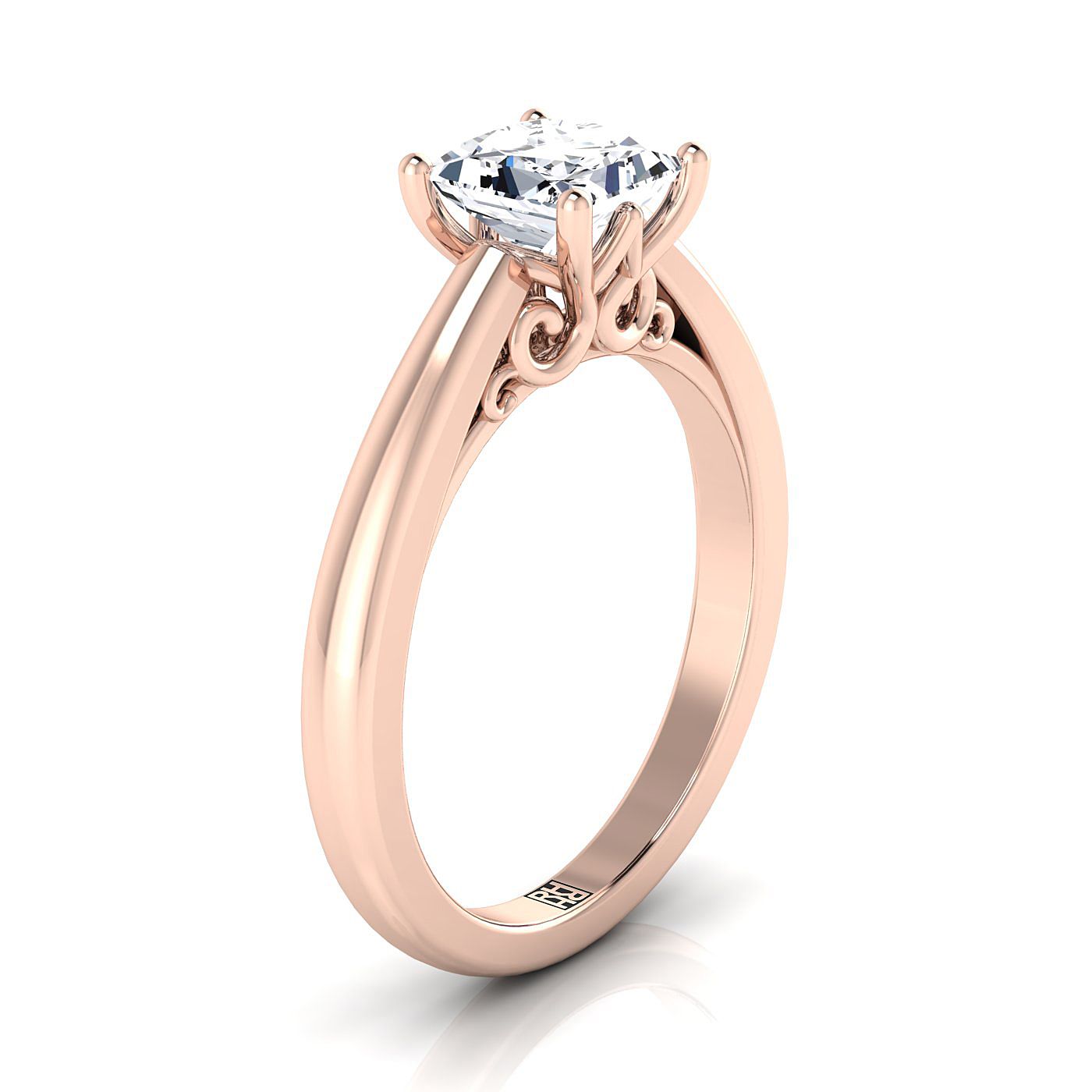 14K Rose Gold Princess Cut Scroll Gallery แหวนหมั้นเล่นไพ่คนเดียว Comfort Fit