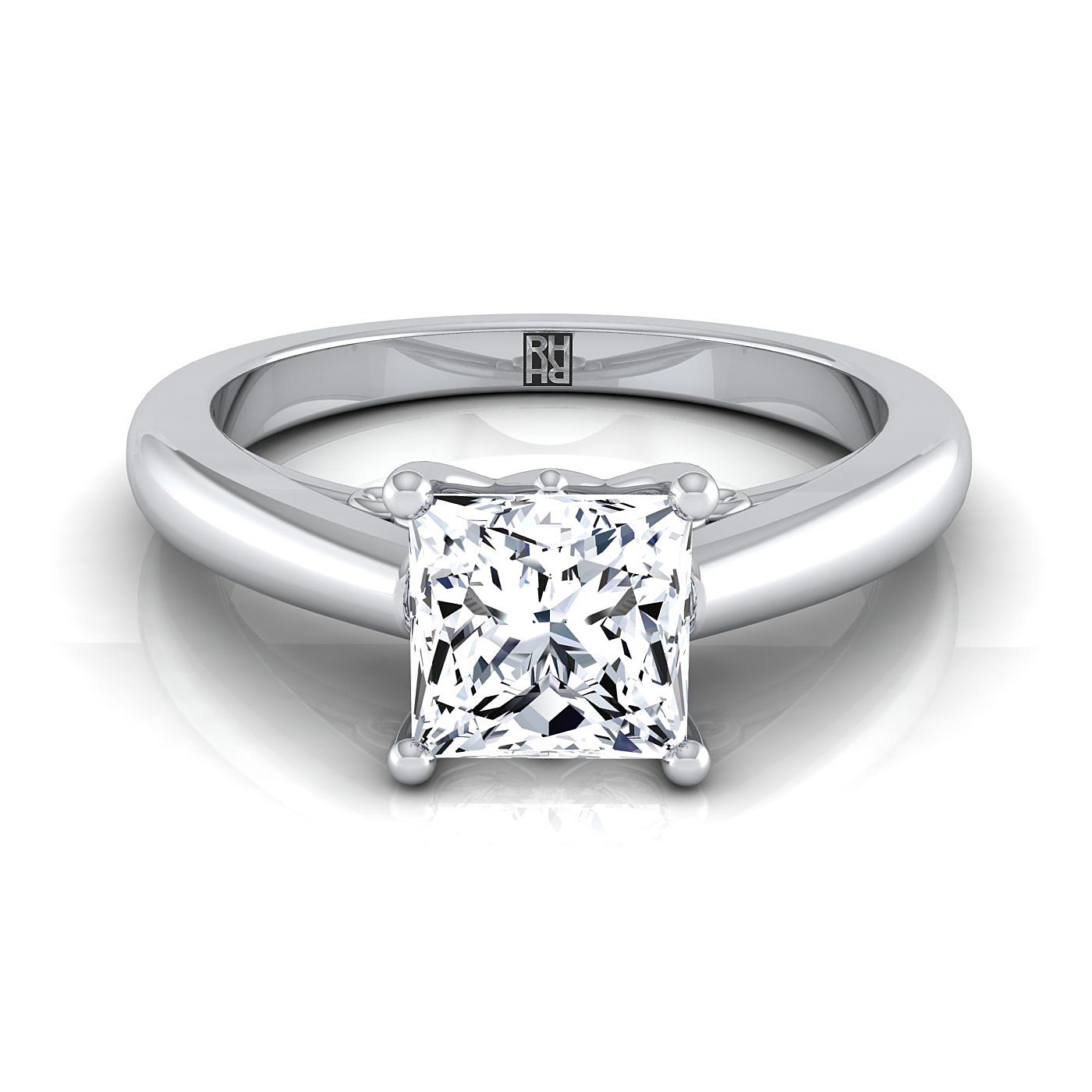 แหวนหมั้นเพชร 18K White Gold Princess Cut Scroll Comfort Fit Solitaire