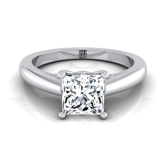 แหวนหมั้นเพชร 18K White Gold Princess Cut Scroll Comfort Fit Solitaire