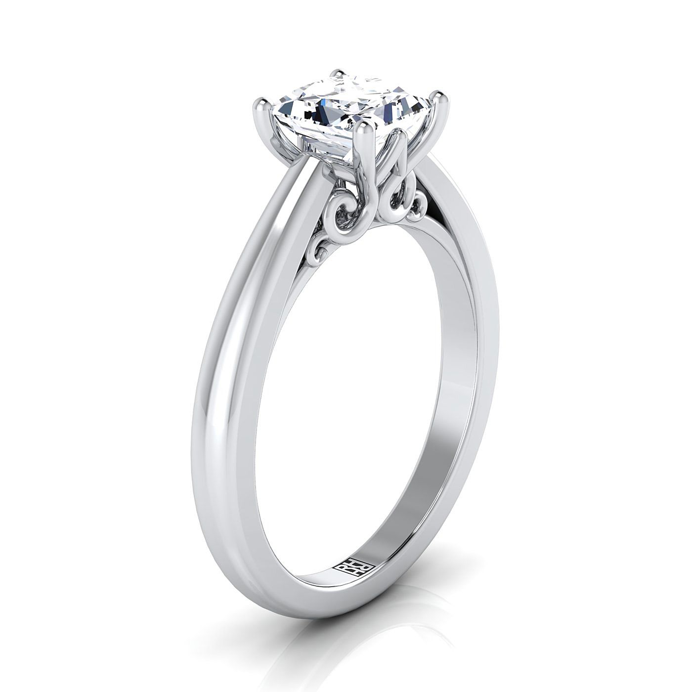 แหวนหมั้นเพชร 18K White Gold Princess Cut Scroll Comfort Fit Solitaire