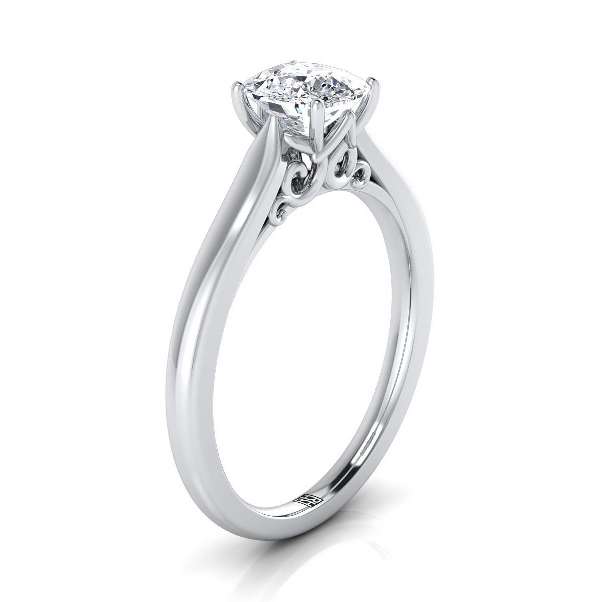 แหวนหมั้นเพชร 18K White Gold Cushion Scroll Gallery Comfort Fit Solitaire