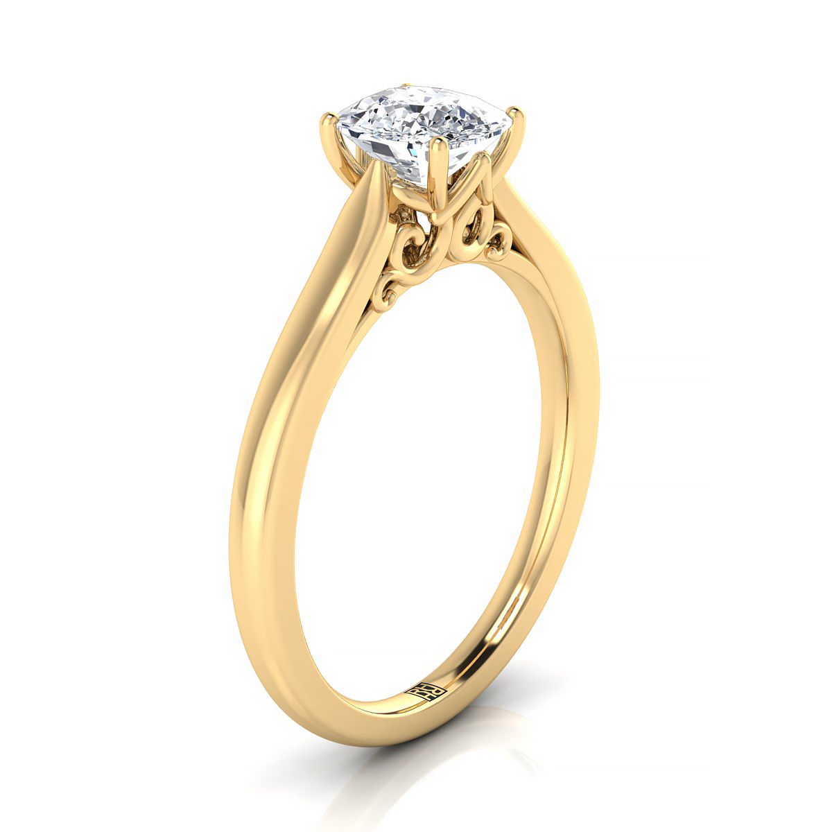 แหวนหมั้น Cushion Scroll เยลโลว์โกลด์ 18K รุ่น Comfort Fit Solitaire