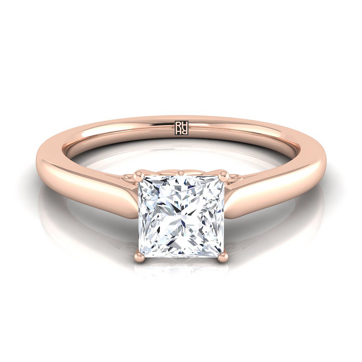 14K Rose Gold Princess Cut Scroll Gallery แหวนหมั้นเล่นไพ่คนเดียว Comfort Fit