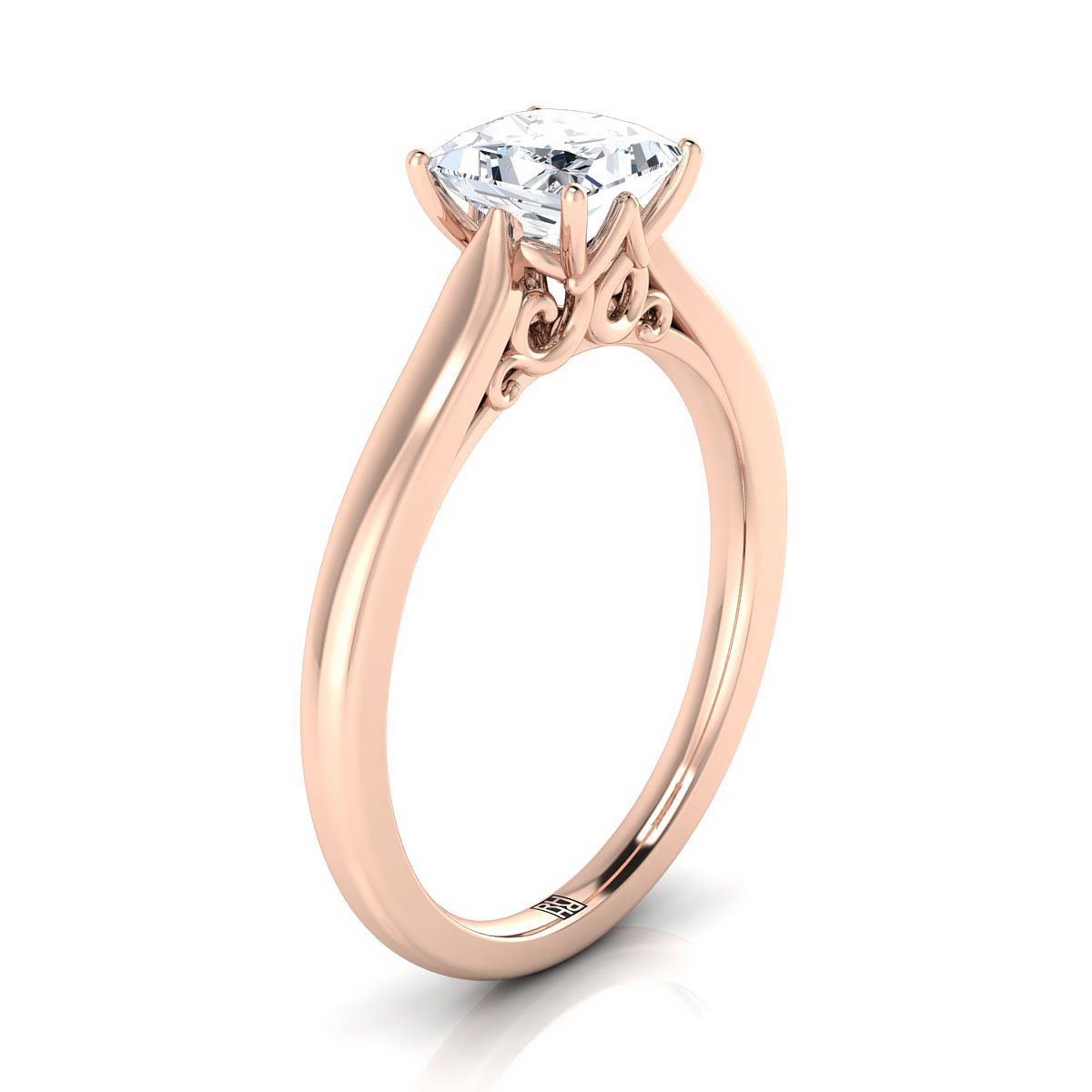 14K Rose Gold Princess Cut Scroll Gallery แหวนหมั้นเล่นไพ่คนเดียว Comfort Fit