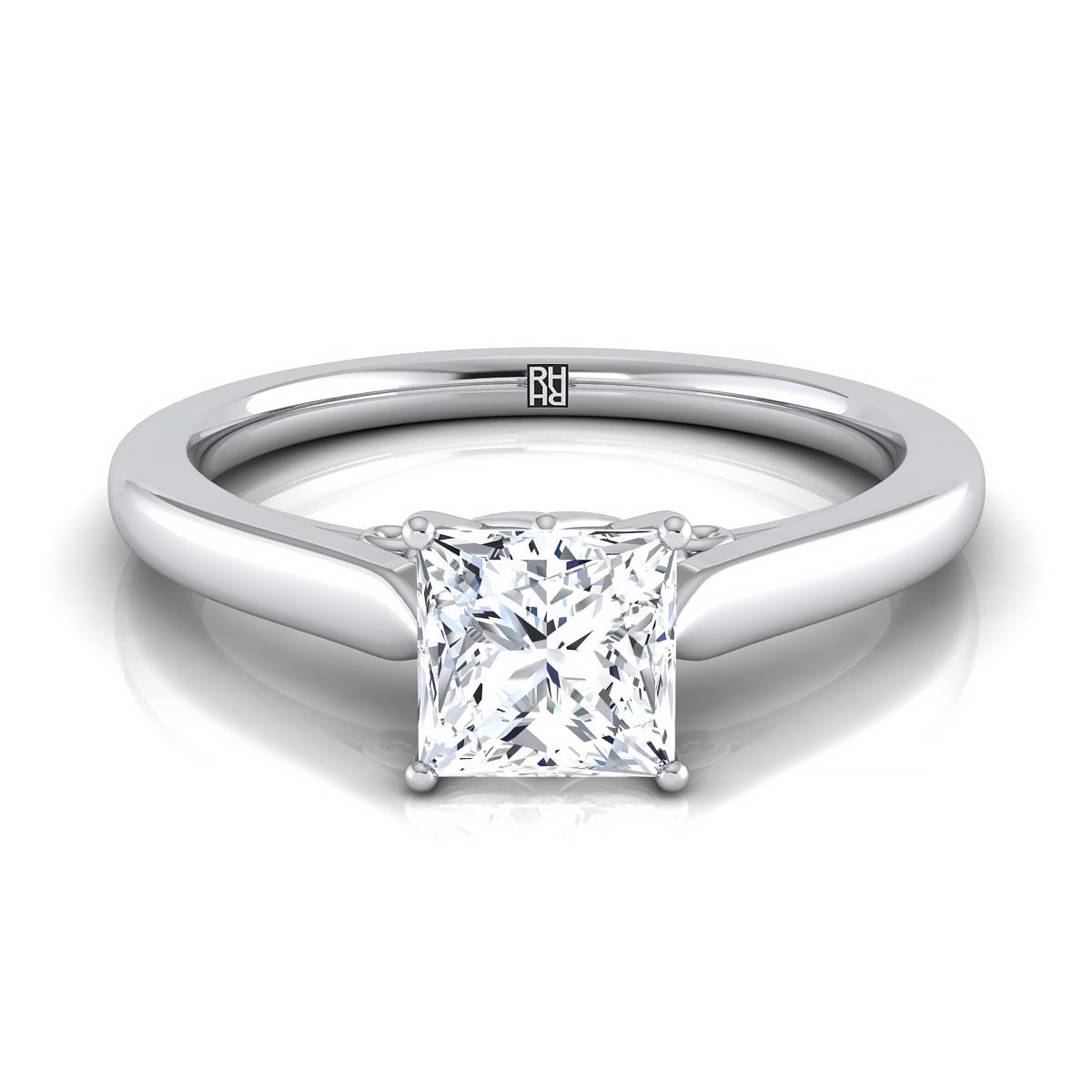 แหวนหมั้นเพชร 18K White Gold Princess Cut Scroll Comfort Fit Solitaire