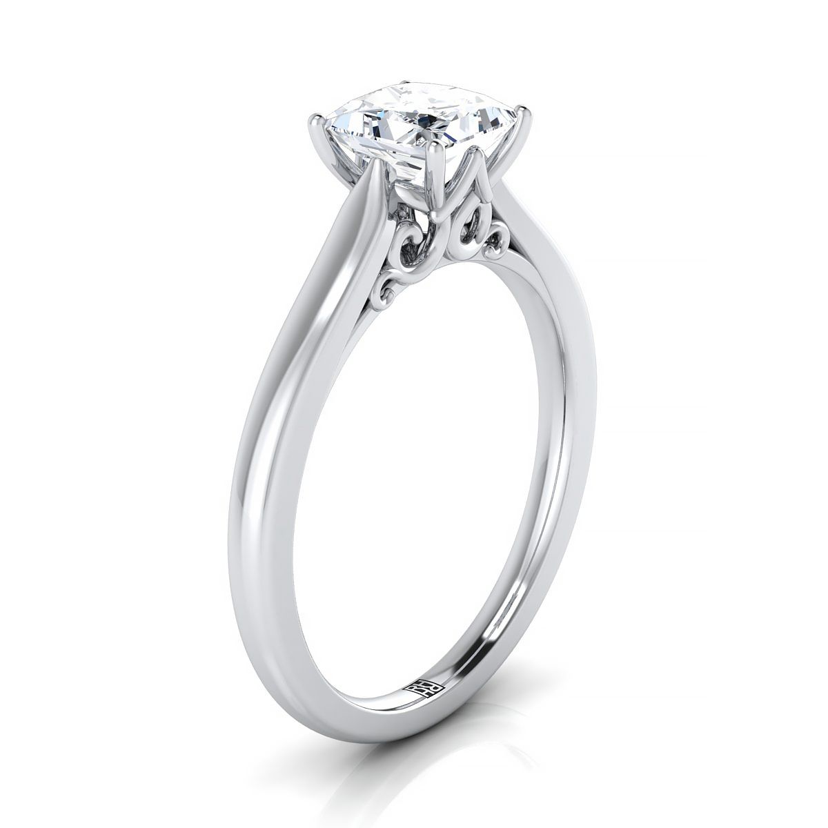 แหวนหมั้นเพชร 18K White Gold Princess Cut Scroll Comfort Fit Solitaire