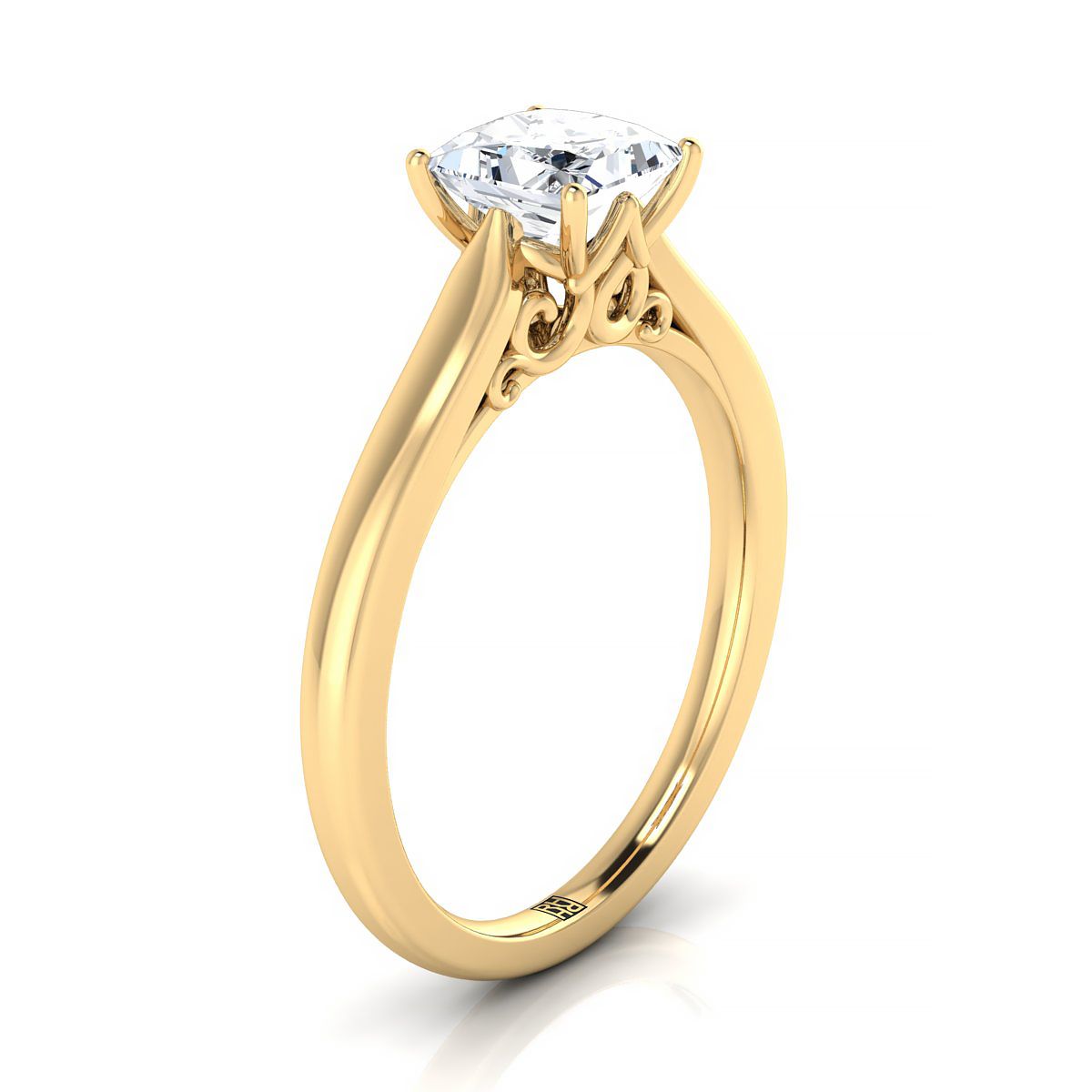 แหวนหมั้นเพชรเม็ดเดี่ยว 18K Yellow Gold Princess Cut Scroll Gallery Comfort Fit Solitaire