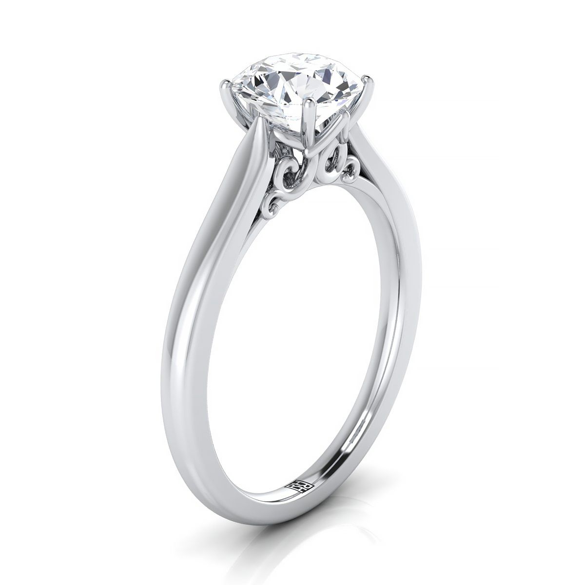 14K White Gold Round Brilliant Scroll Gallery Comfort Fit Solitaire แหวนหมั้น