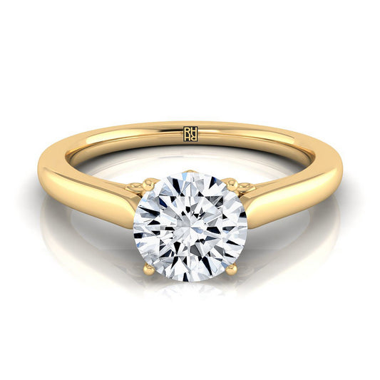 18K Yellow Gold Round Brilliant Scroll Gallery แหวนหมั้นเล่นไพ่คนเดียว Comfort Fit