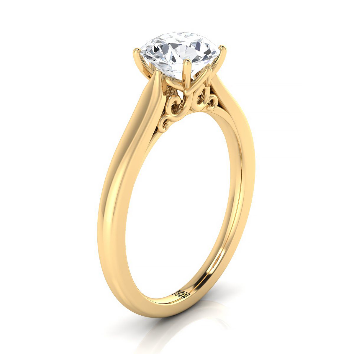 18K Yellow Gold Round Brilliant Scroll Gallery แหวนหมั้นเล่นไพ่คนเดียว Comfort Fit