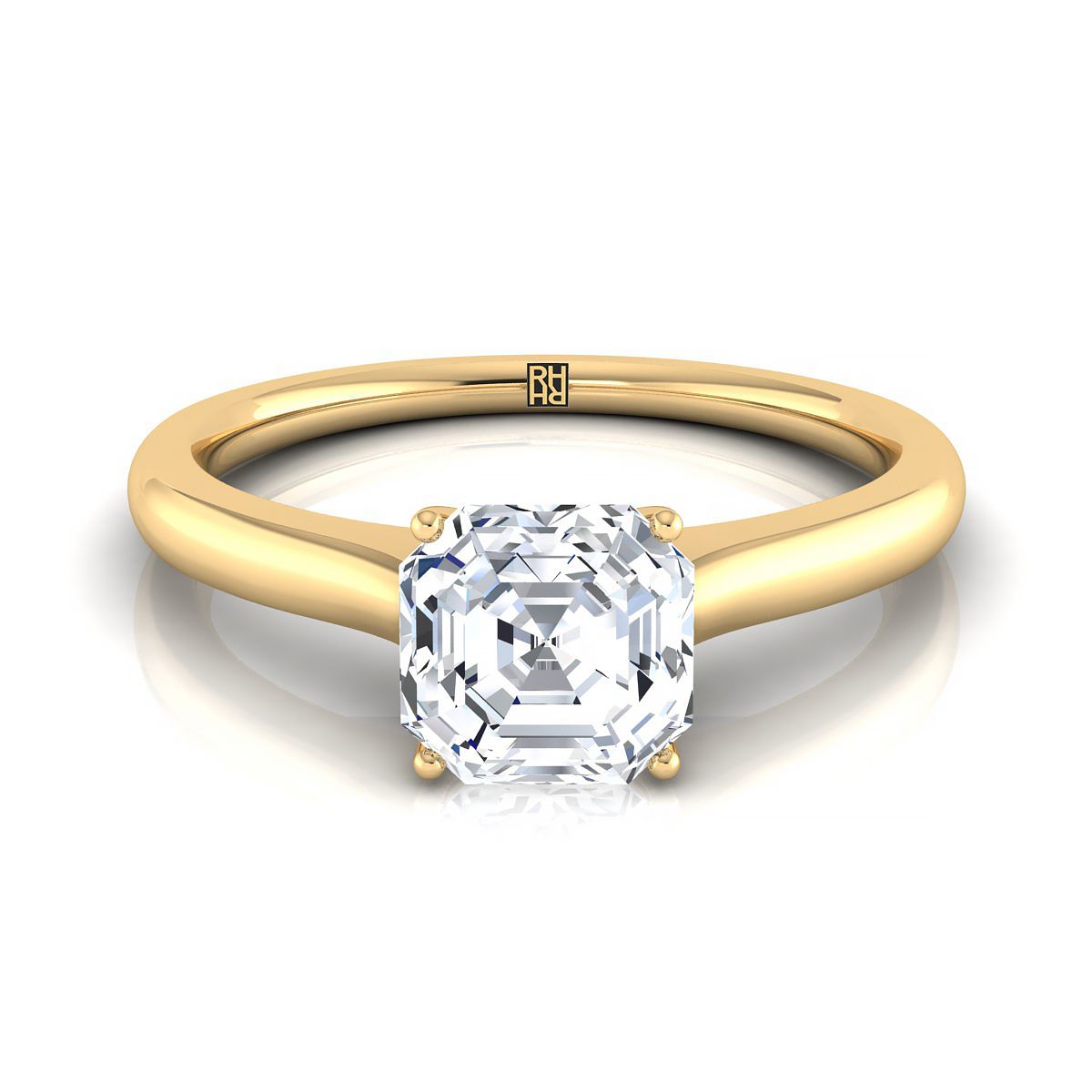 18K Yellow Gold Asscher Cut Cathedral Solitaire แหวนหมั้นหินลับสุดเซอร์ไพรส์