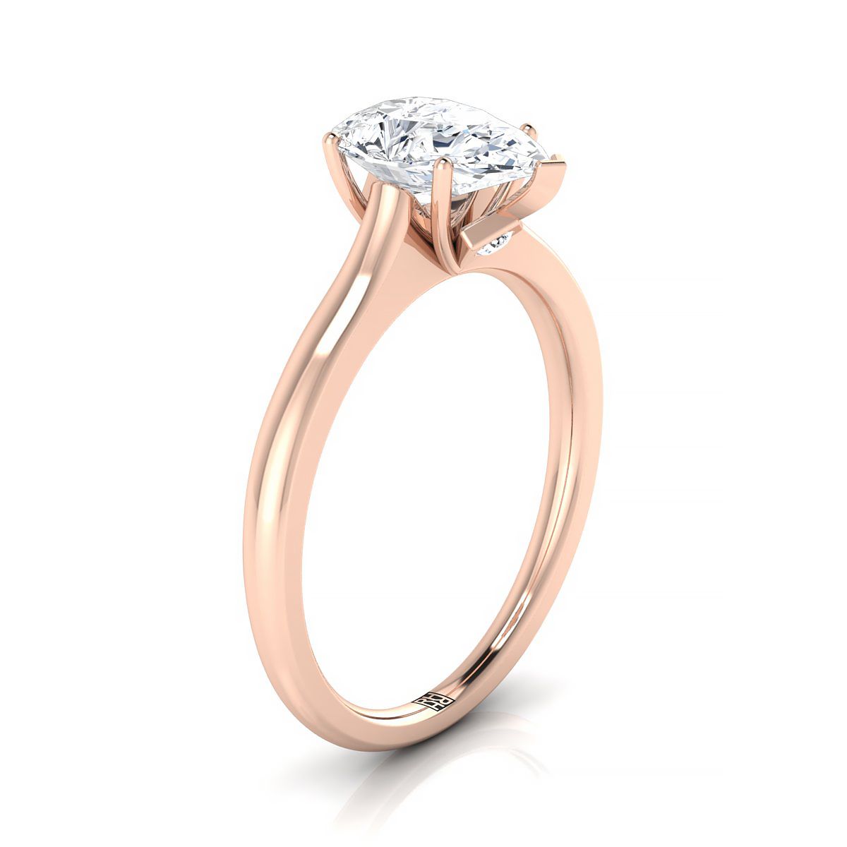 14K Rose Gold Pear Shape Center Cathedral Solitaire แหวนหมั้นหินลับสุดเซอร์ไพรส์