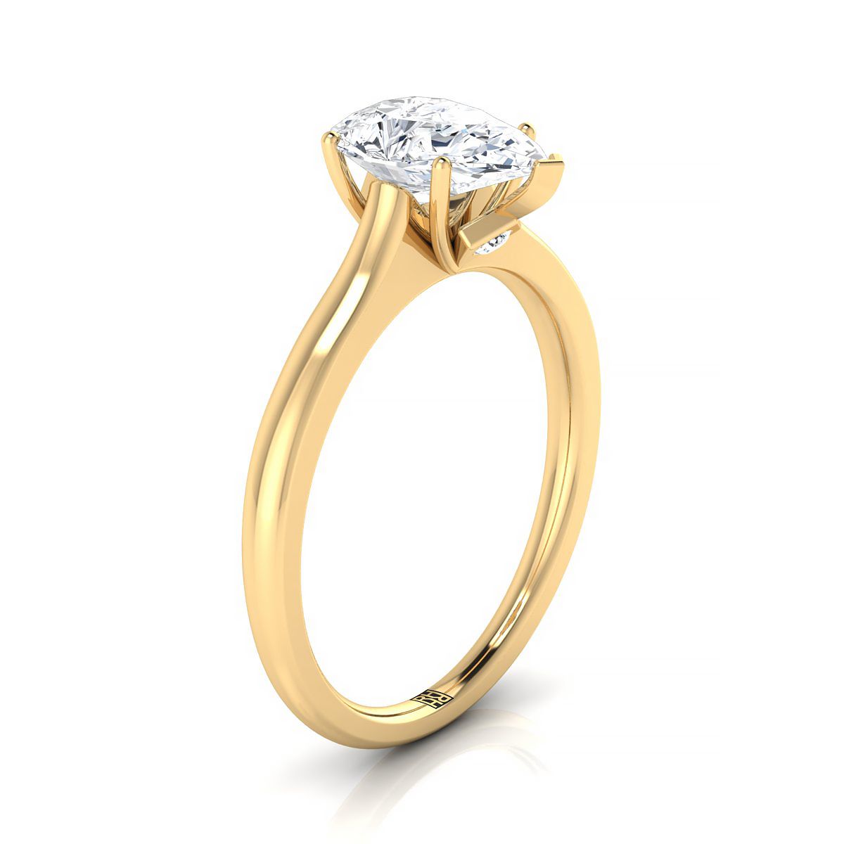 14K Yellow Gold Pear Shape Center Cathedral Solitaire แหวนหมั้นหินลับสุดเซอร์ไพรส์