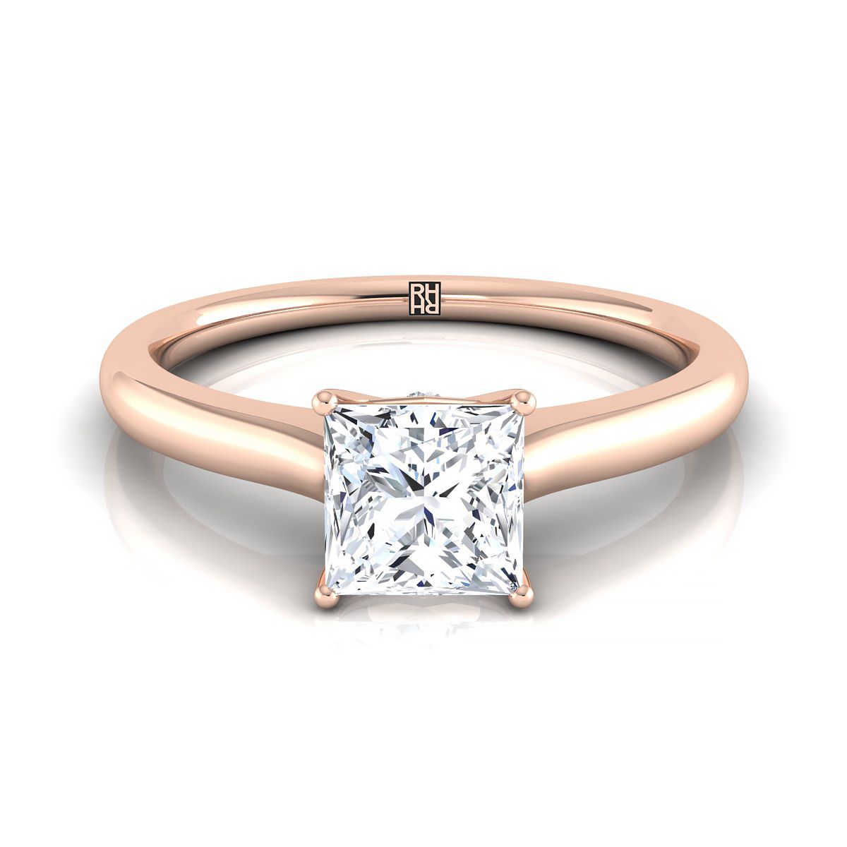 14K Rose Gold Princess Cut Cathedral Solitaire แหวนหมั้นหินลับสุดเซอร์ไพรส์