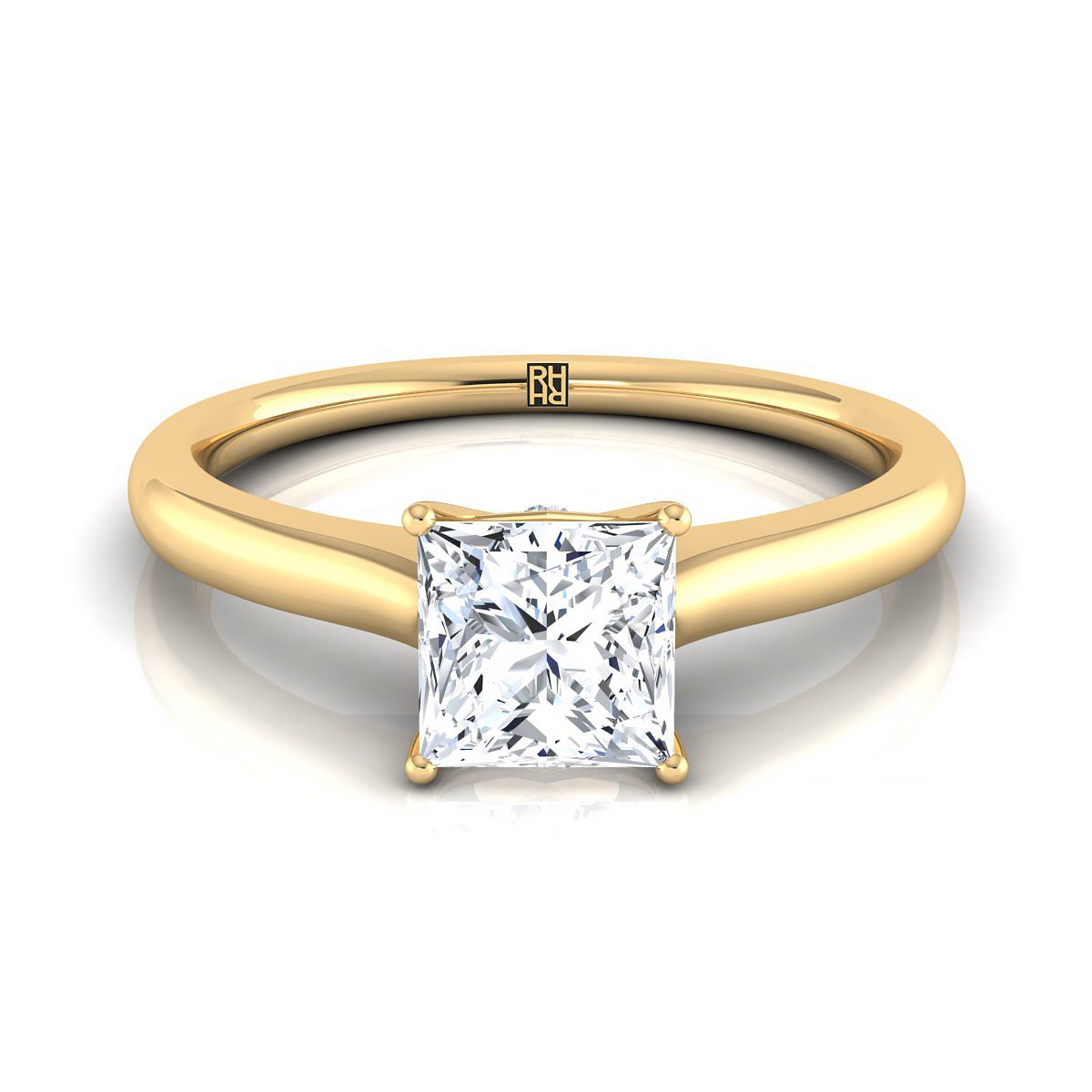 18K Yellow Gold Princess Cut Cathedral Solitaire แหวนหมั้นหินลับสุดเซอร์ไพรส์