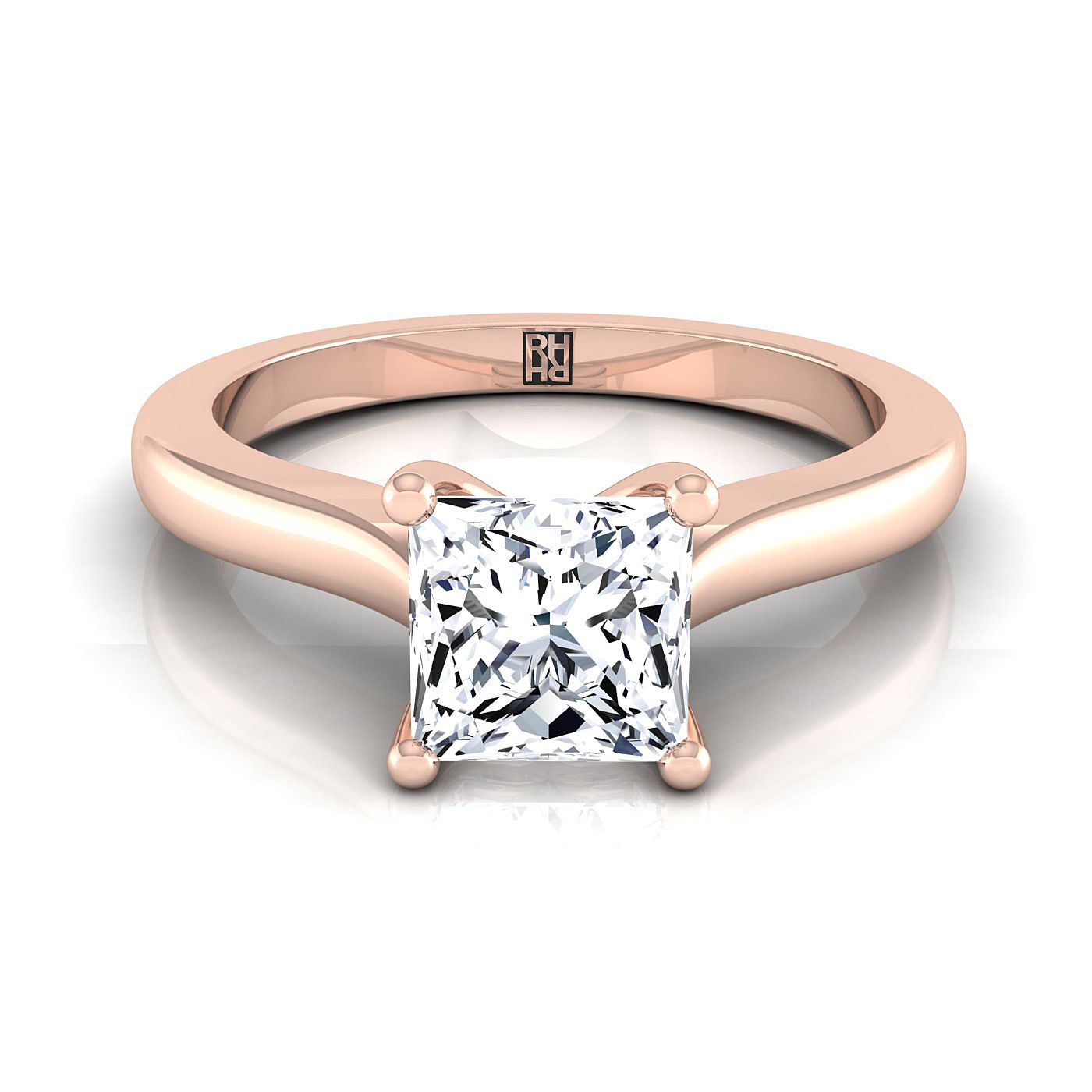 แหวนหมั้นเพชร 14K Rose Gold Princess Cut Comfort Fit Cathedral Solitaire