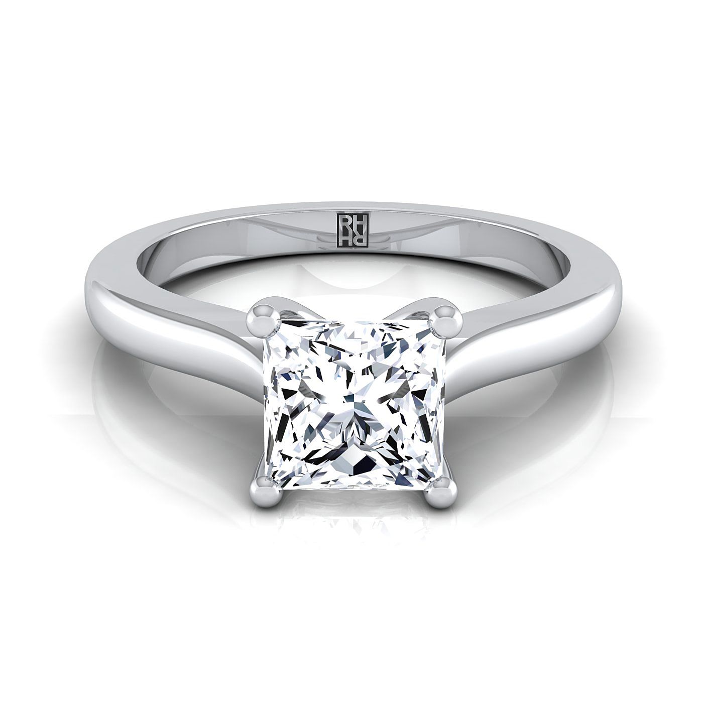 แหวนหมั้นเพชร 14K White Gold Princess Cut Comfort Fit Cathedral Solitaire