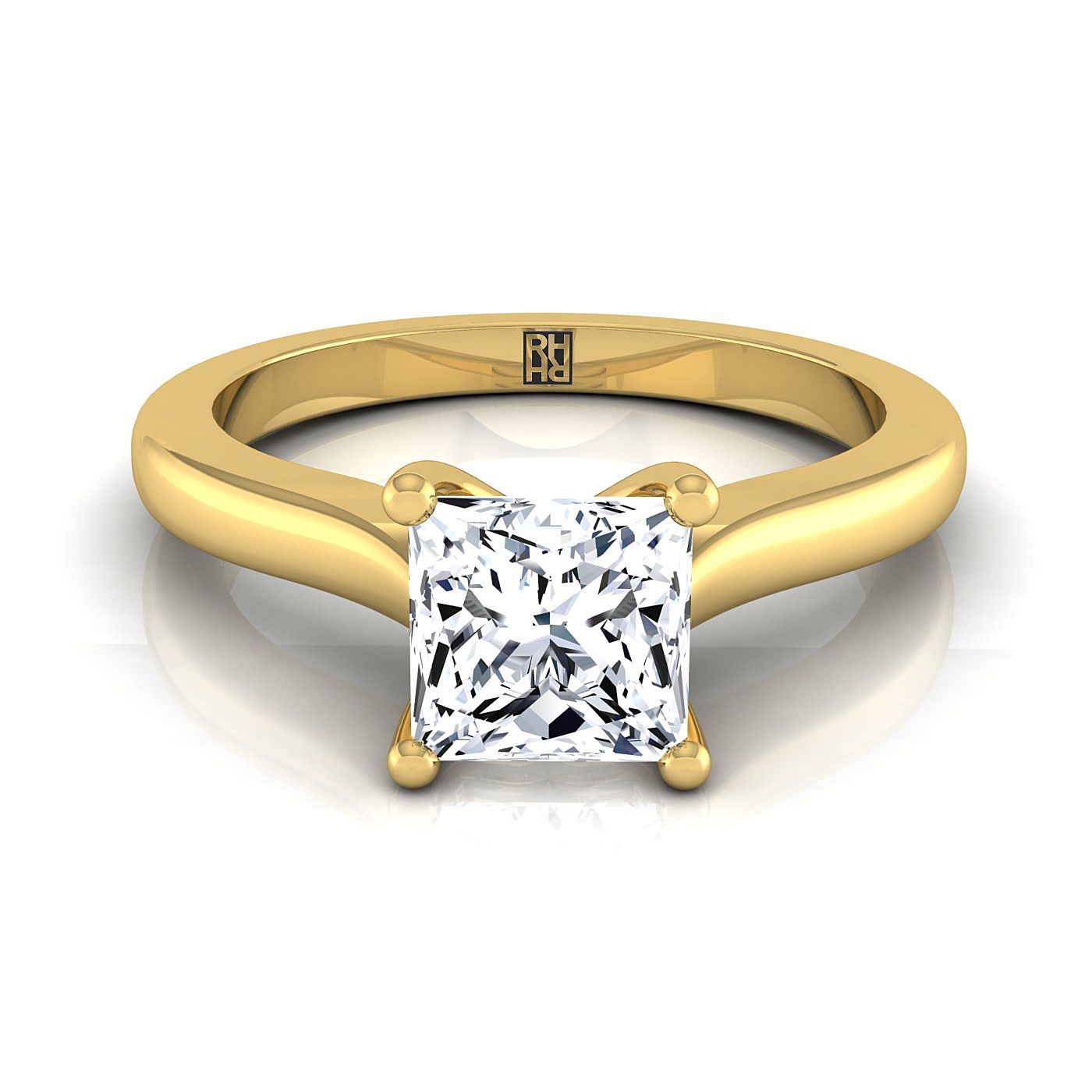 แหวนหมั้นเพชร Princess Cut Comfort Fit Cathedral Solitaire 14K สีเหลืองทอง