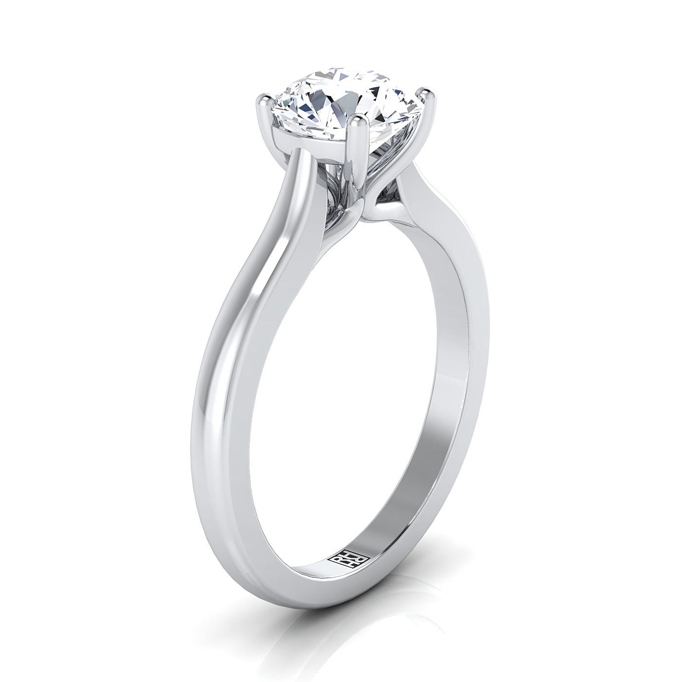 18K White Gold Round Brilliant Comfort Fit Cathedral Solitaire Diamond Engagement Ring