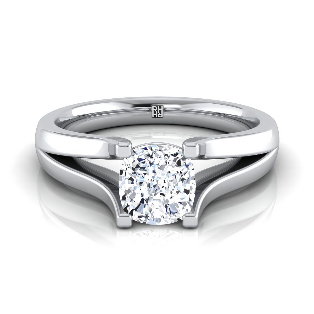 18K White Gold Cushion Modern Split Shank Solitaire Engagement Ring