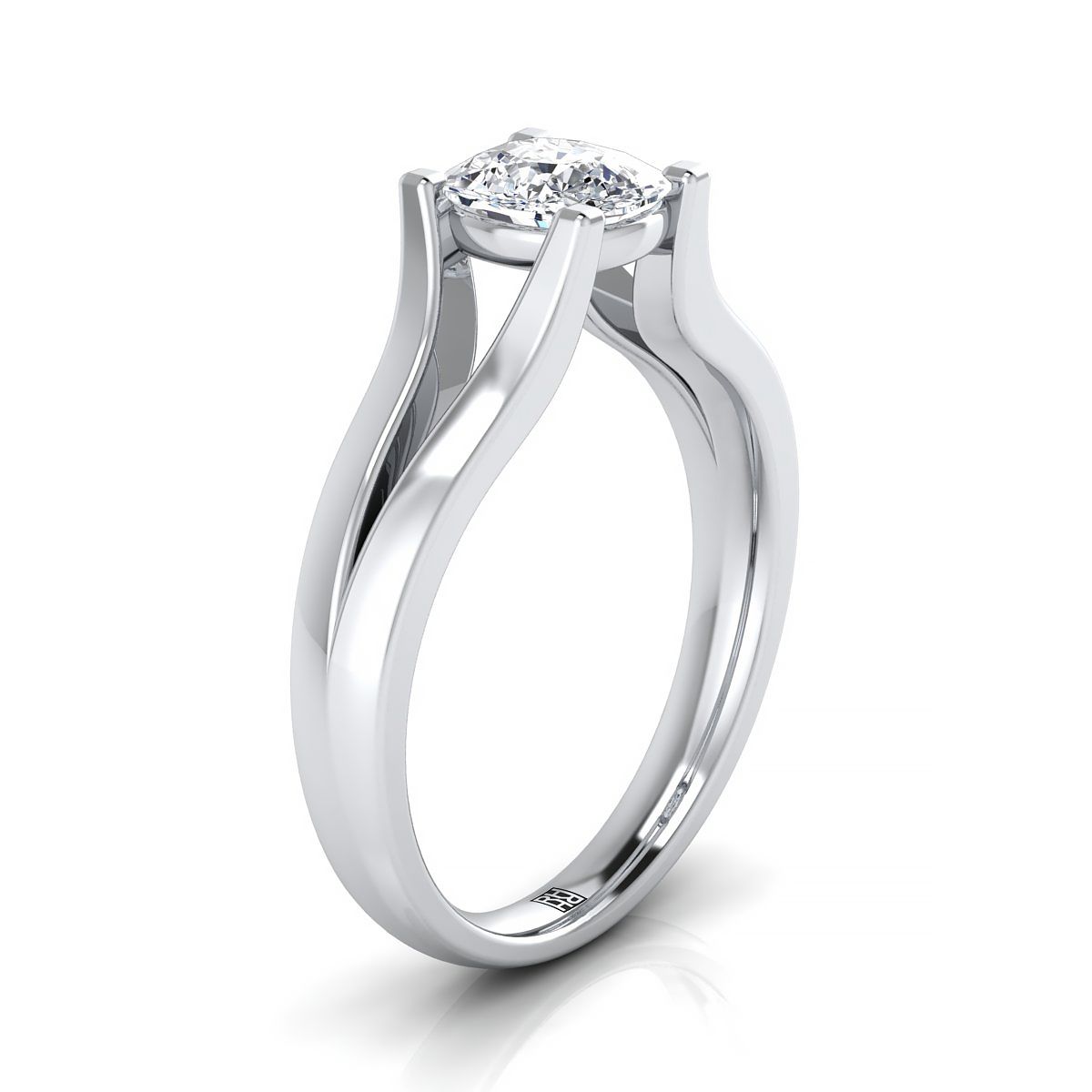 18K White Gold Cushion Modern Split Shank Solitaire Engagement Ring