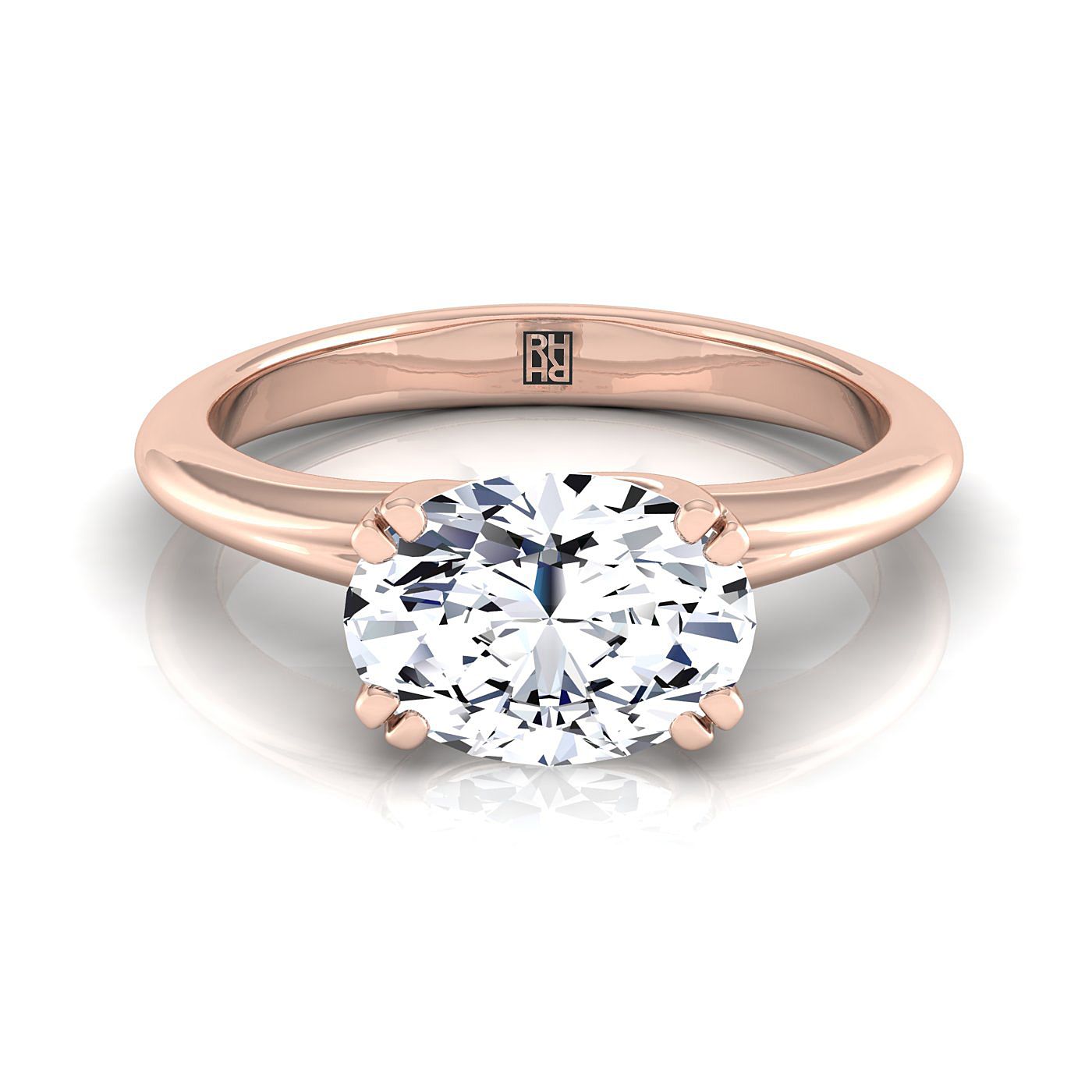 14K Rose Gold Oval East West Eight Claw Comfort Fit Solitaire แหวนหมั้น