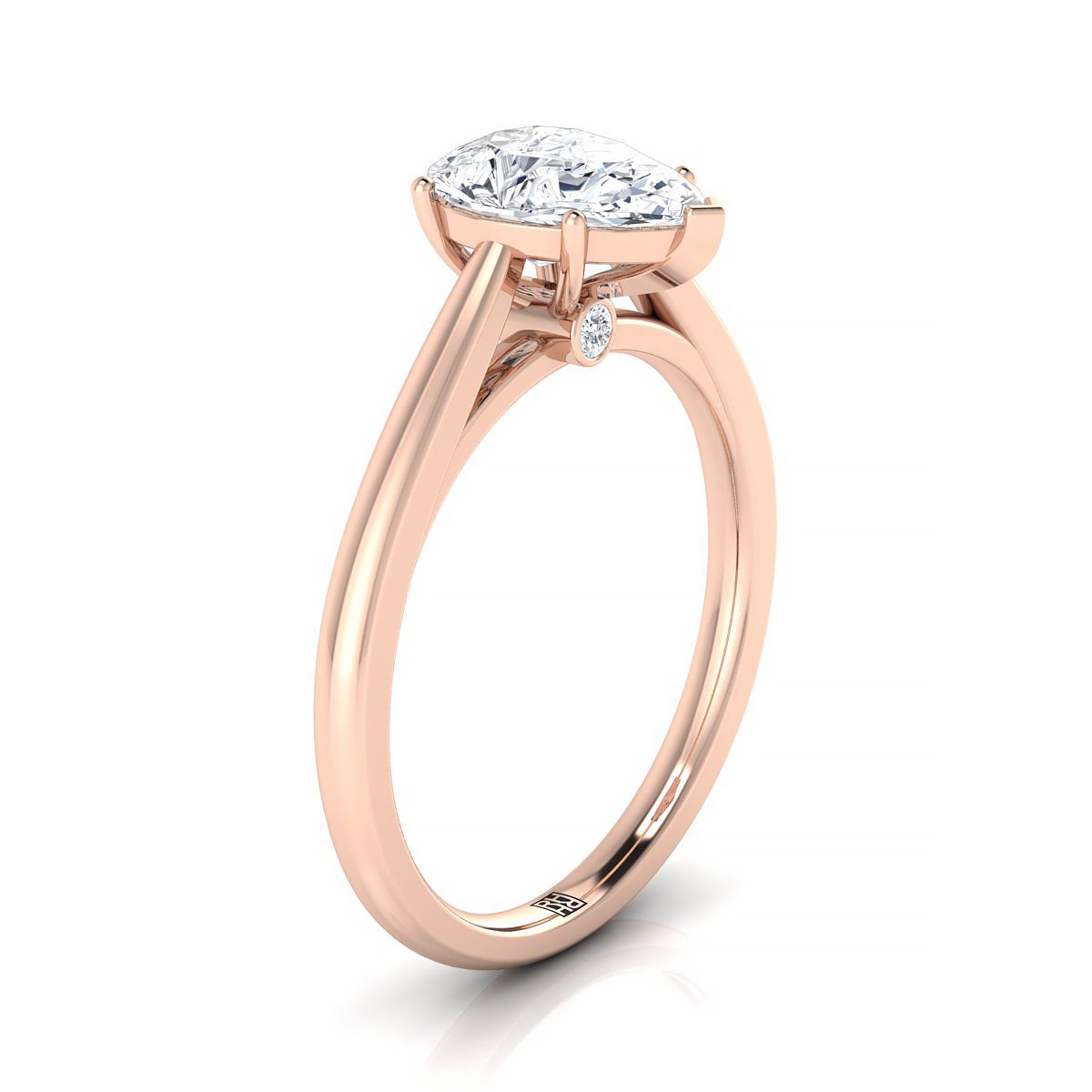 14K Rose Gold Pear Shape Center Rounded Comfort Fit Secret Stone แหวนหมั้นเล่นไพ่คนเดียว