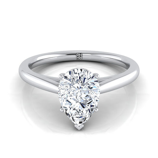 แหวนหมั้นเพชร 14K White Gold Pear Shape Center Rounded Comfort Fit Secret Stone Solitaire Engagement Ring