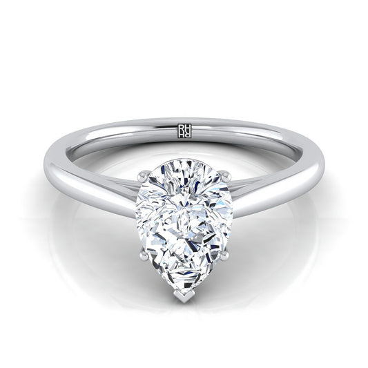 แหวนหมั้นเพชร 18K White Gold Pear Shape Center Rounded Comfort Fit Secret Stone Solitaire Engagement Ring