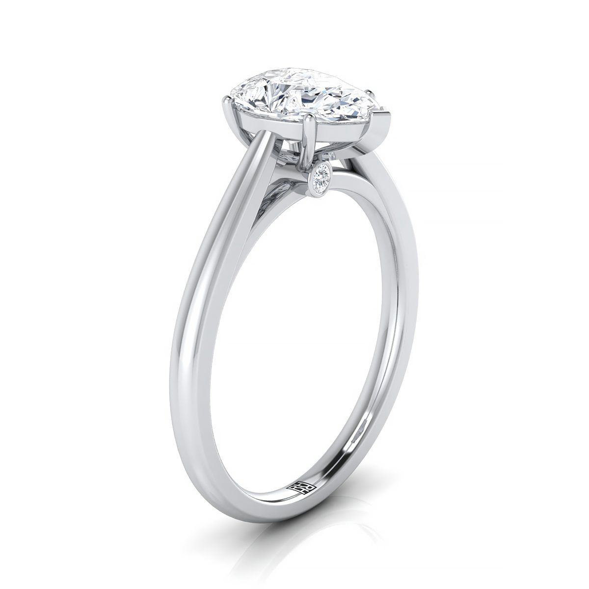 แหวนหมั้นเพชร 14K White Gold Pear Shape Center Rounded Comfort Fit Secret Stone Solitaire Engagement Ring