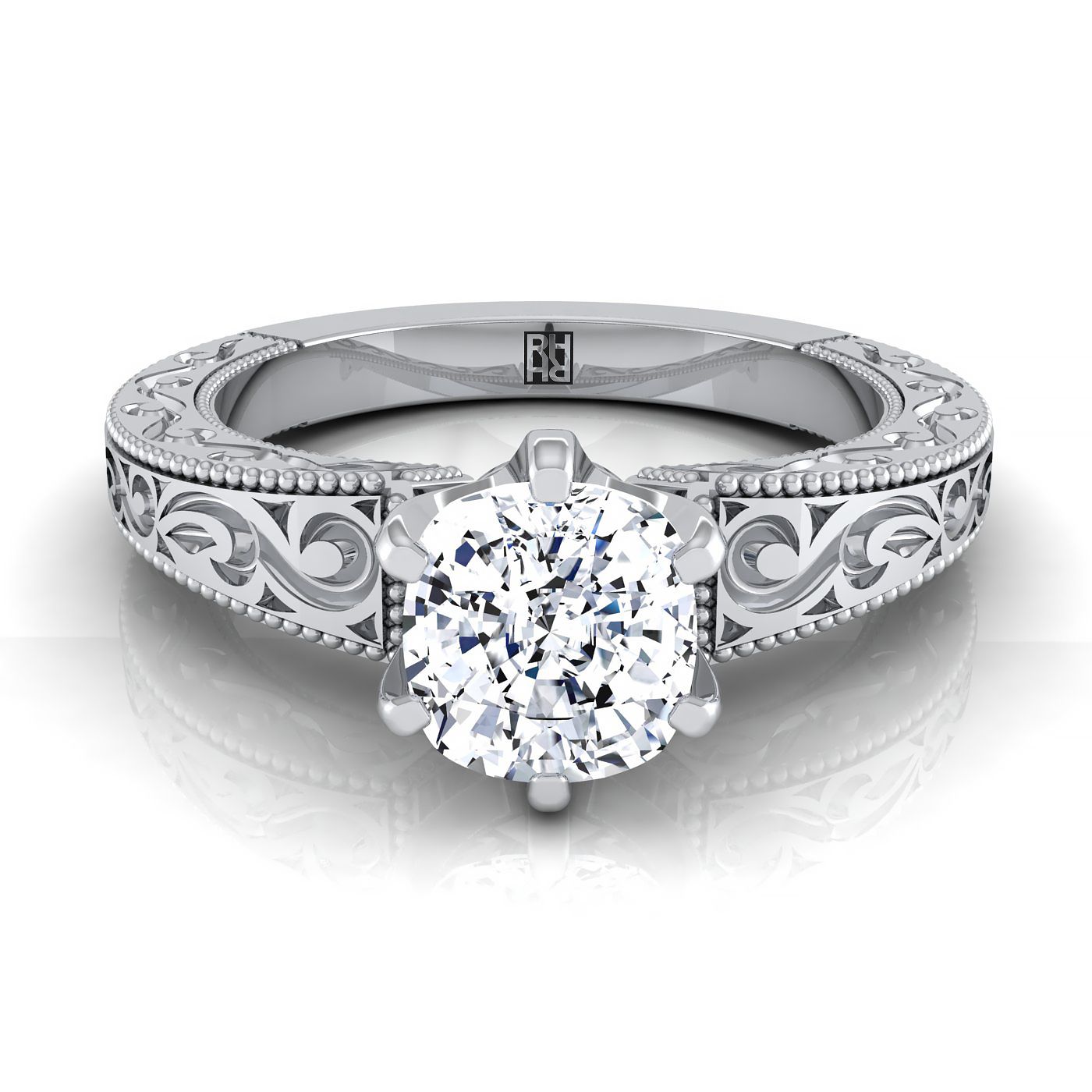 แหวนหมั้นแหวนหมั้นโซลิแทร์วินเทจ เบาะทองคำขาว 18K มือแกะสลัก