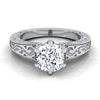 18K White Gold Cushion Hand Engraved Scroll Vintage Solitaire Engagement Ring