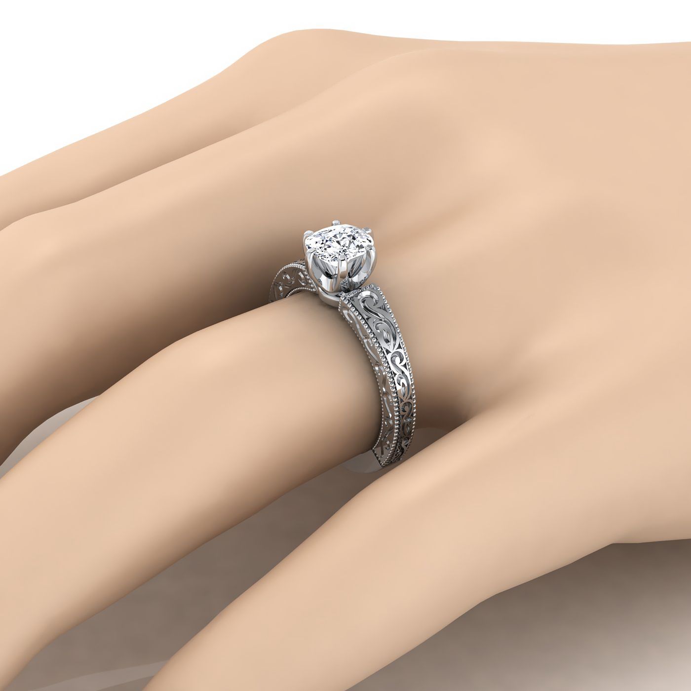 แหวนหมั้นแหวนหมั้นโซลิแทร์วินเทจ เบาะทองคำขาว 18K มือแกะสลัก