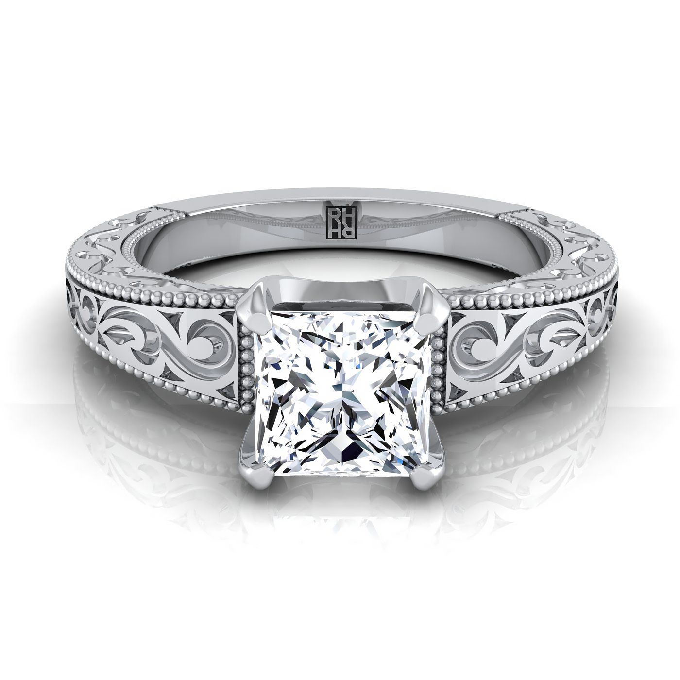 14K White Gold Princess Cut Hand Engraved Scroll Vintage Solitaire Engagement Ring