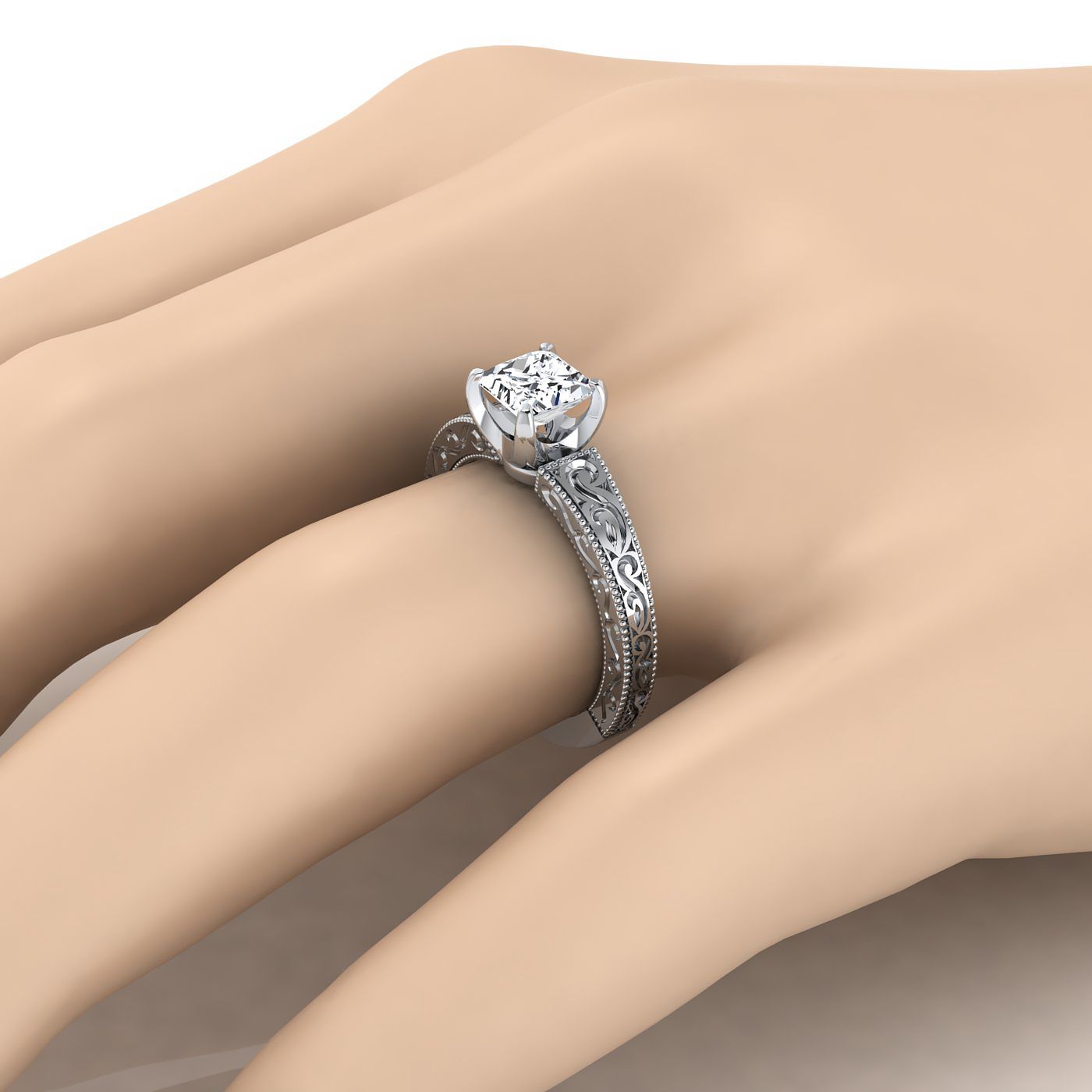 14K White Gold Princess Cut Hand Engraved Scroll Vintage Solitaire Engagement Ring