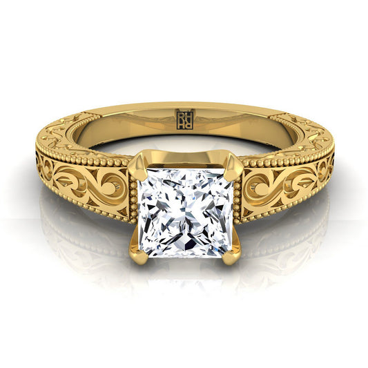 14K Yellow Gold Princess Cut Hand Engraved Scroll Vintage Solitaire Engagement Ring