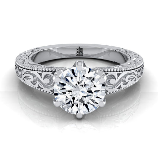 18K White Gold Round Brilliant Hand Engraved Scroll Vintage Solitaire Engagement Ring