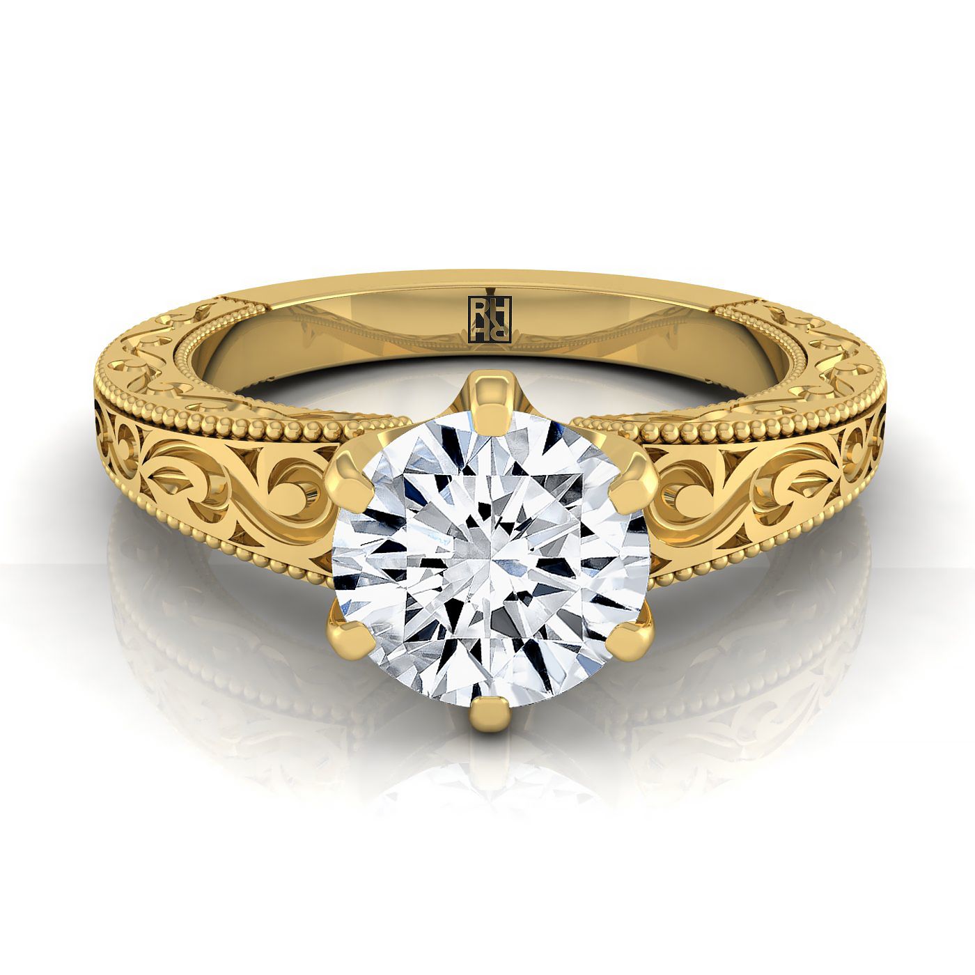 18K Yellow Gold Round Brilliant HandแกะสลักScroll Vintage Solitaire Engagement Ring