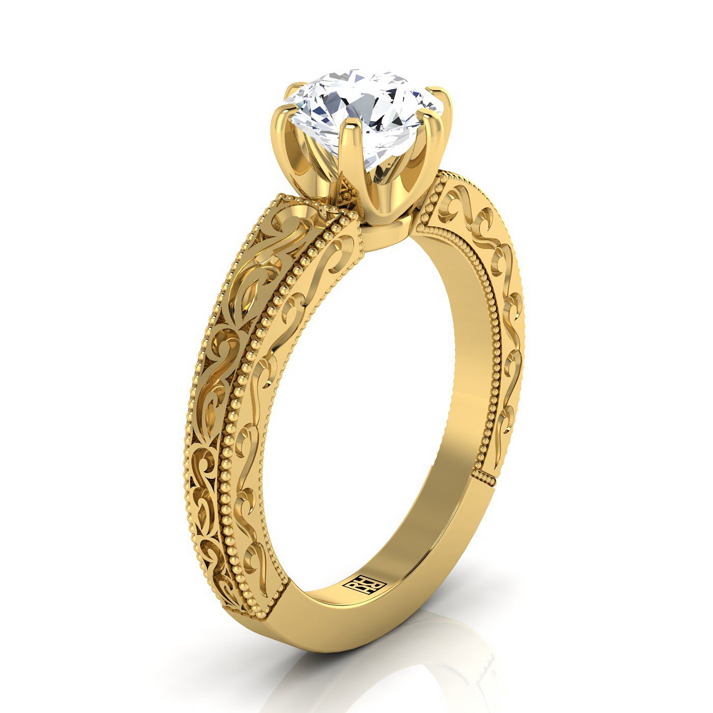 18K Yellow Gold Round Brilliant HandแกะสลักScroll Vintage Solitaire Engagement Ring