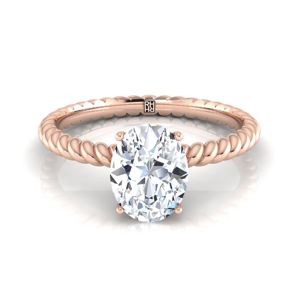 14K Rose Gold Oval Diamond Twisted Rope Solitaire พร้อมแหวนหมั้นหินเซอร์ไพรส์